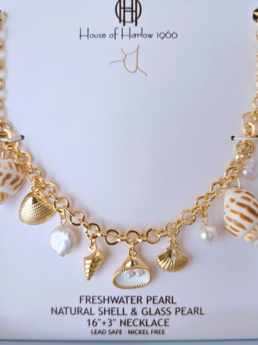 House of Harlow 1960 Gold Shell & Pearl Charm Necklace - Cream/Gold